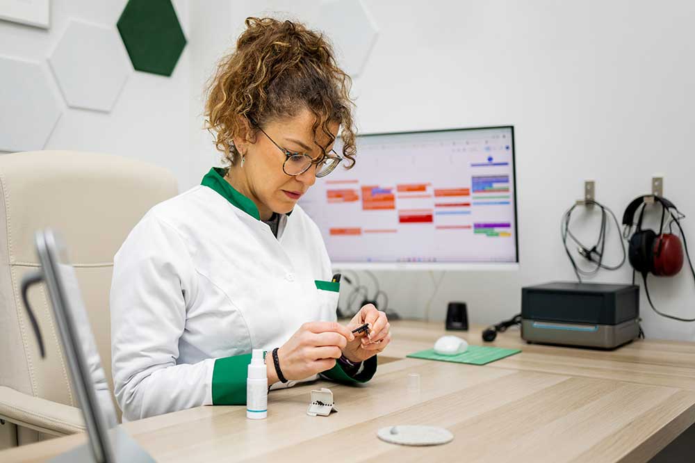 Hearing care professional cleaning a hearing aid at a desk with cleaning supplies, showing hearing aid care at My Hearing Aid Place in Savannah, GA